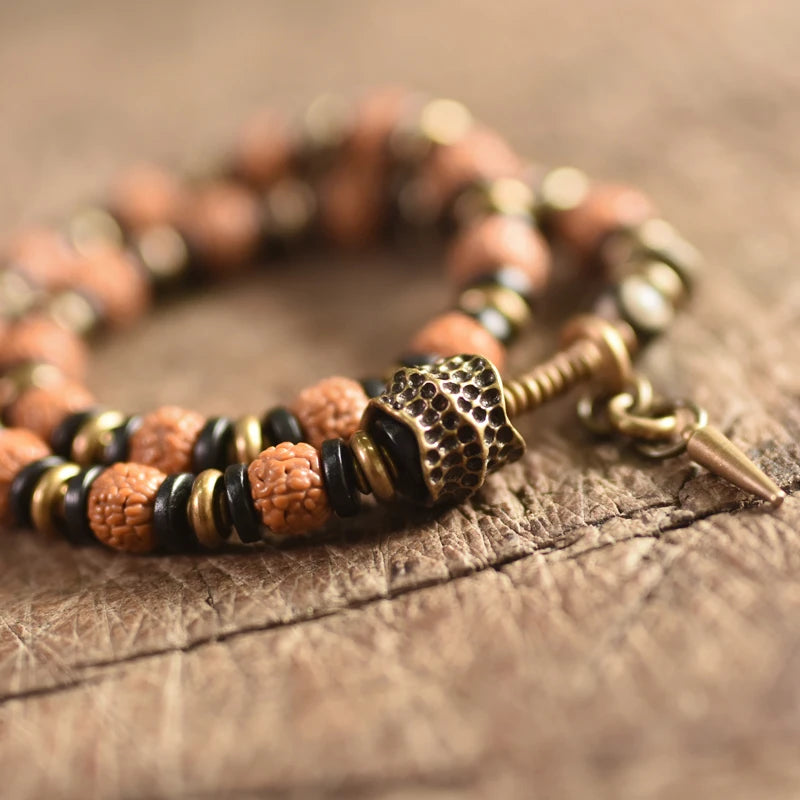 Bracelet Multirang Rudraksha, Ébène et Laiton – Porte-Bonheur Unisexe