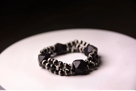 Bracelet Multirang Onyx Noir et Bois d'Ébène – Style Géométrique, Homme et Femme