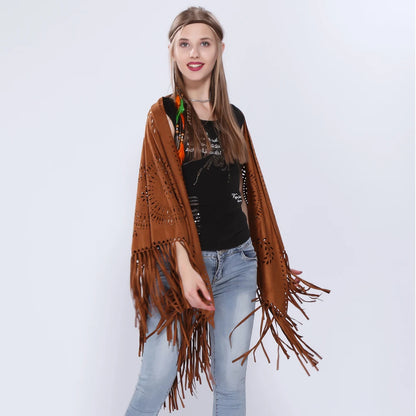 Poncho en Velours avec Franges - Élégance Bohème Chic