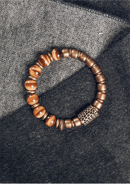 Bracelet Oeil de Tigre Doré et Breloque en Laiton Martelé – Bicolore, Homme et Femme