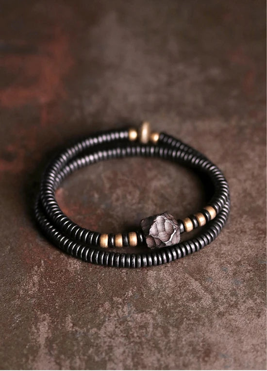 Bracelet Double Rang Ébène Sculptée et Cuivre Vieilli – Style Rock Unisexe