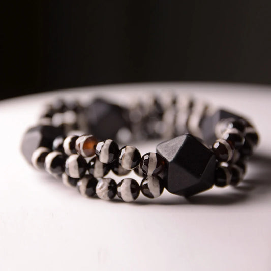 Bracelet Multirang Onyx Noir et Bois d'Ébène – Style Géométrique, Homme et Femme