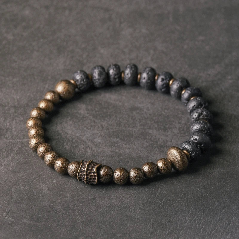 Bracelet Pierre de Lave Noire et Cuivre Oxydé Forgé Main – Style Rustique, Idée Cadeau