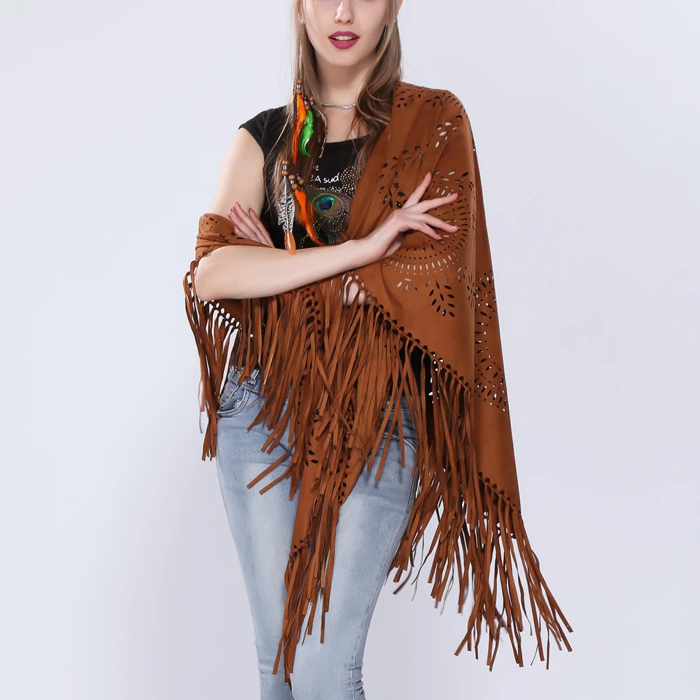 Poncho en Velours avec Franges - Élégance Bohème Chic