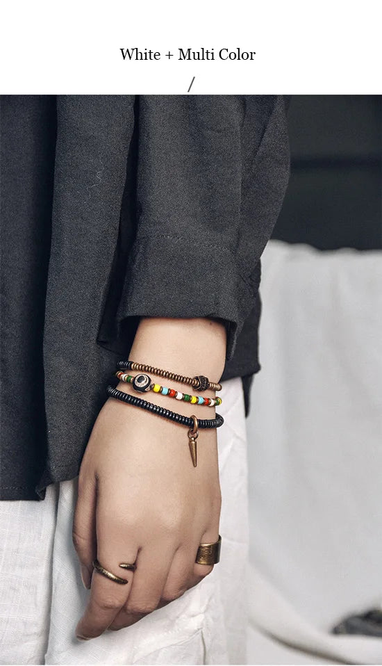 Bracelet Tibétain Perle Dzi, Ébène et Verre Coloré – Vajra en Cuivre Martelé