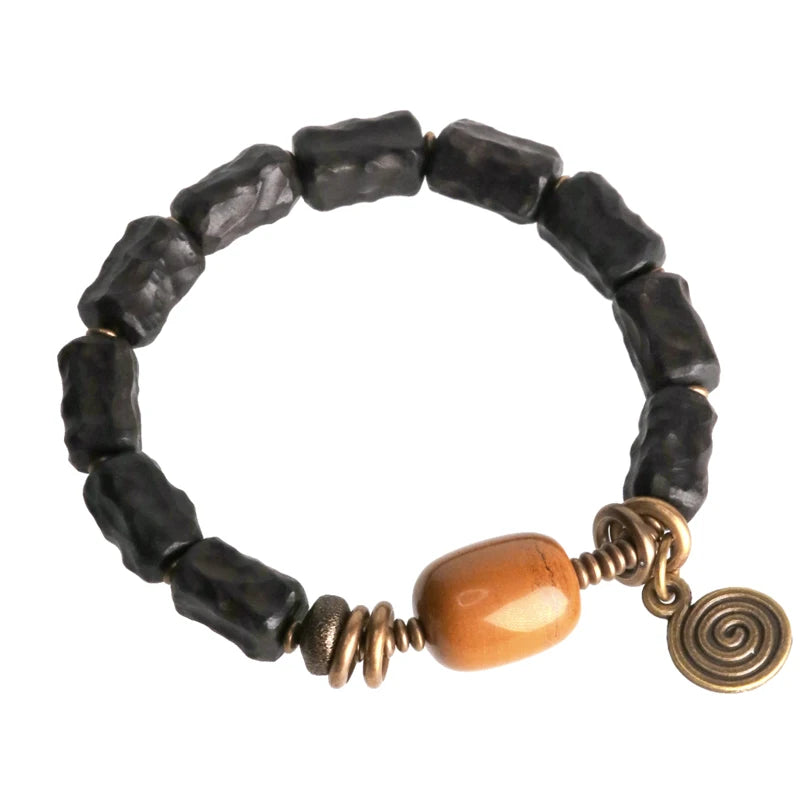 Bracelet Ébène Sculptée à la Main et Cuivre Vintage – Texturé, Anti-Mauvais Œil