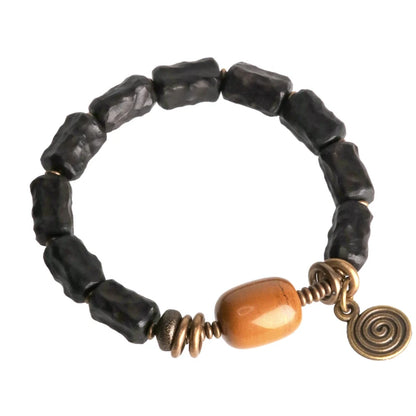 Bracelet Ébène Sculptée à la Main et Cuivre Vintage – Texturé, Anti-Mauvais Œil