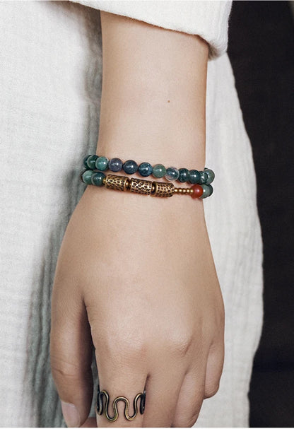 Bracelet Double Rang Jade Mousse et Laiton Martelé – Bohème Énergétique pour Femme