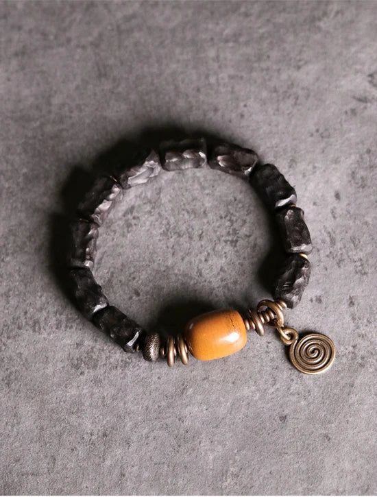 Bracelet Ébène Sculptée à la Main et Cuivre Vintage – Texturé, Anti-Mauvais Œil