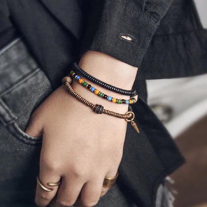 Bracelet Tibétain Perle Dzi, Ébène et Verre Coloré – Vajra en Cuivre Martelé