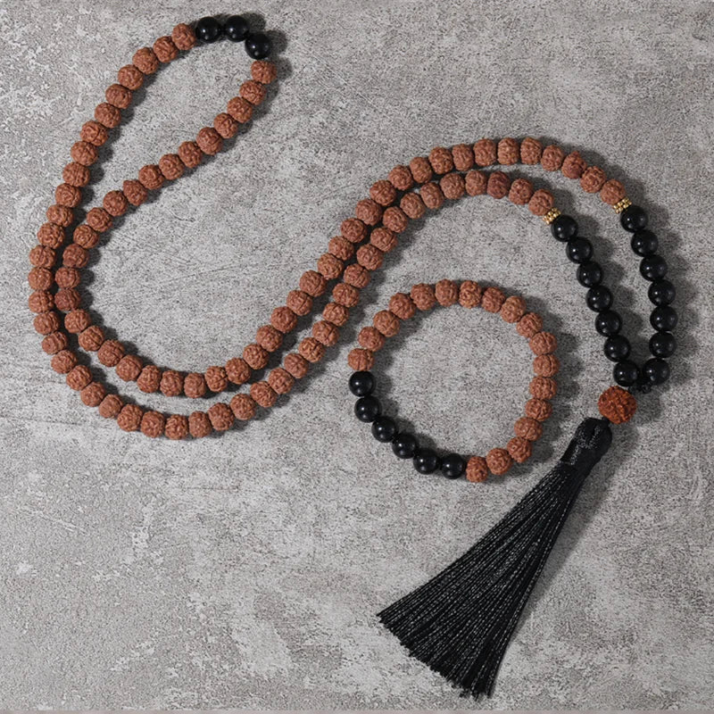 "Mala de la Protection" 108 perles en Onyx Noir et Rudraksha