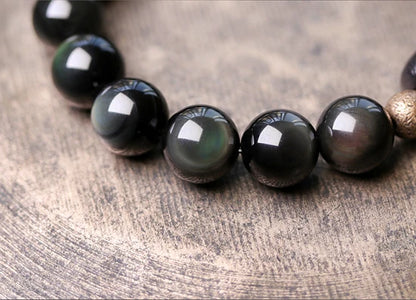 Bracelet Oeil de Tigre Doré ou Obsidienne Arc-en-Ciel – Perles de Bois et Métal Martelé