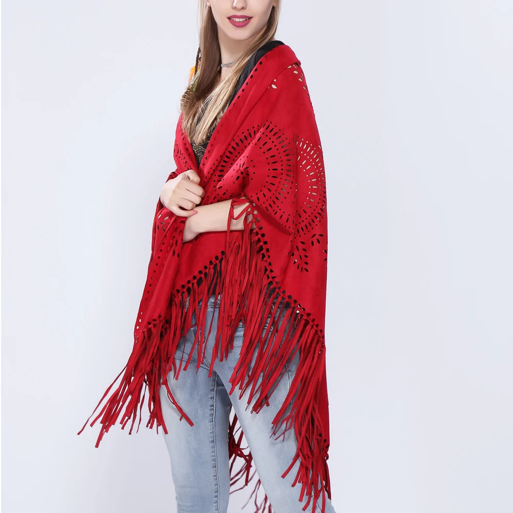 Poncho en Velours avec Franges - Élégance Bohème Chic