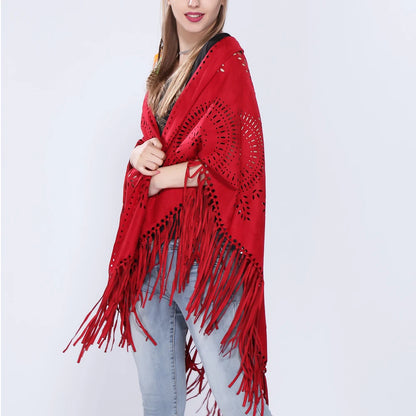 Poncho en Velours avec Franges - Élégance Bohème Chic