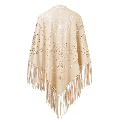 Poncho en Velours avec Franges - Élégance Bohème Chic