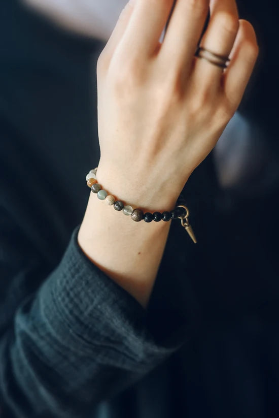 Bracelet Agate et Obsidienne Noire avec Vajra en Cuivre – 4 Pierres au Choix