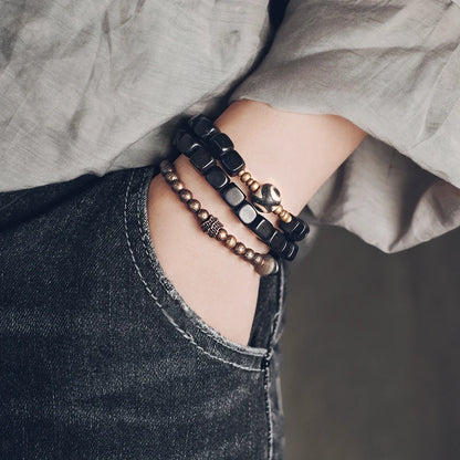 Lot de 2 Bracelets Ébène et Cuivre Martelé Oxydé – Parure Homme et Femme