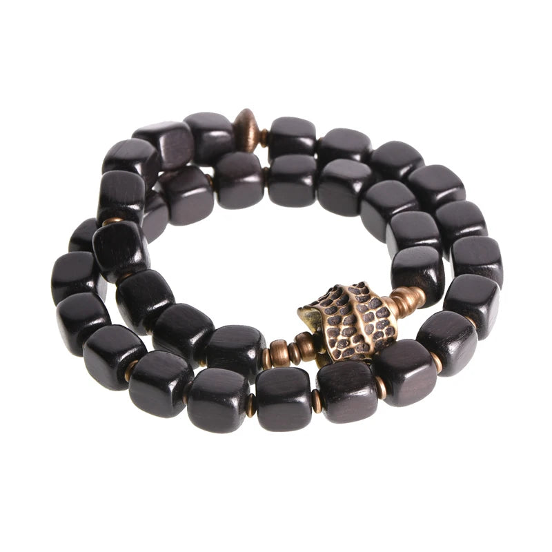 Bracelet Double Rang Ébène et Breloque en Cuivre Martelé Vieilli – Classique Homme et Femme