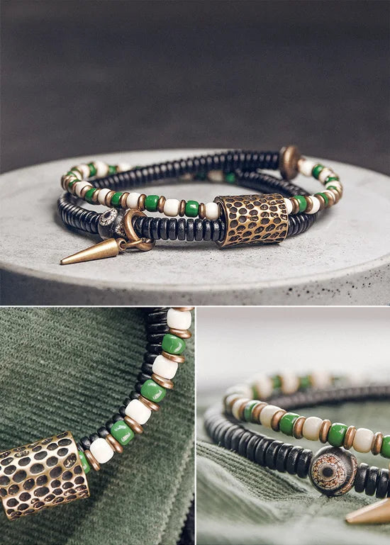 Bracelet Zen Double Rang Ébène et Pierres Colorées – Vajra en Laiton Martelé