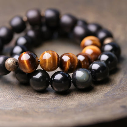 Bracelet Oeil de Tigre Doré ou Obsidienne Arc-en-Ciel – Perles de Bois et Métal Martelé