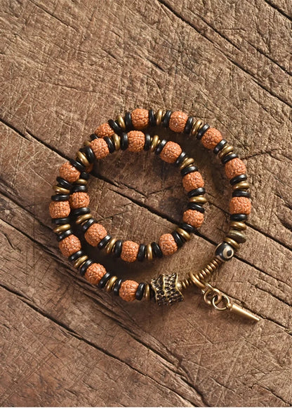 Bracelet Multirang Rudraksha, Ébène et Laiton – Porte-Bonheur Unisexe