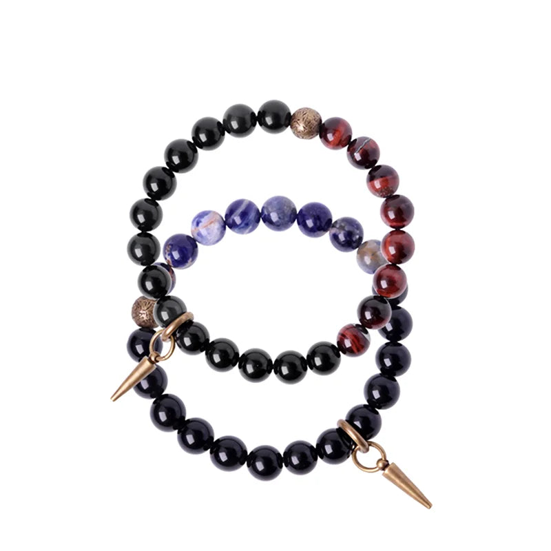 Bracelet Oeil de Tigre Rouge et Obsidienne 8 mm avec Vajra en Cuivre