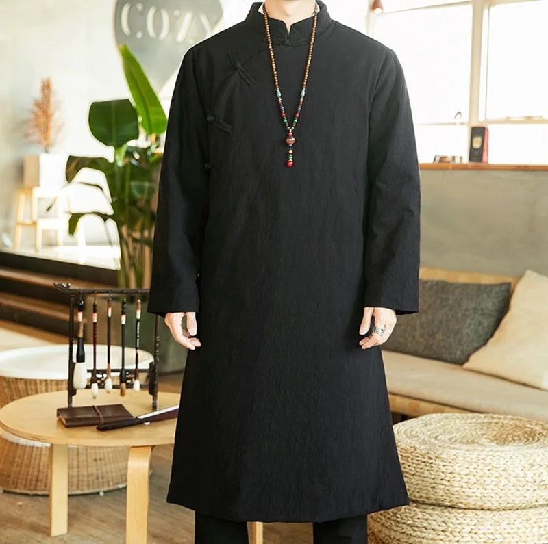 Manteau Long Style Chinois Bleu Homme - Hanfu Jacket Hiver Asymétrique