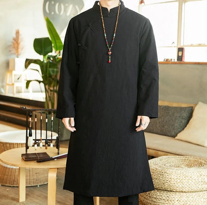 Manteau Long Style Chinois Bleu Homme - Hanfu Jacket Hiver Asymétrique