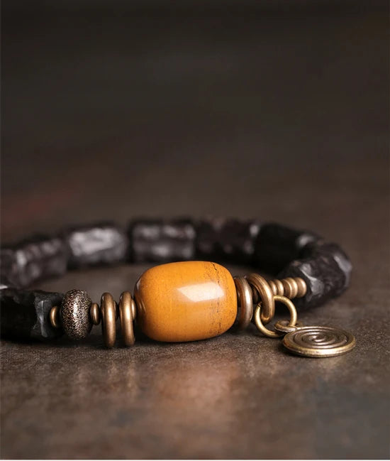 Bracelet Ébène Sculptée à la Main et Cuivre Vintage – Texturé, Anti-Mauvais Œil
