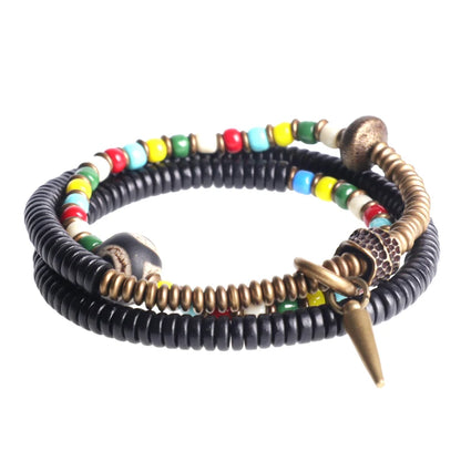 Bracelet Tibétain Perle Dzi, Ébène et Verre Coloré – Vajra en Cuivre Martelé