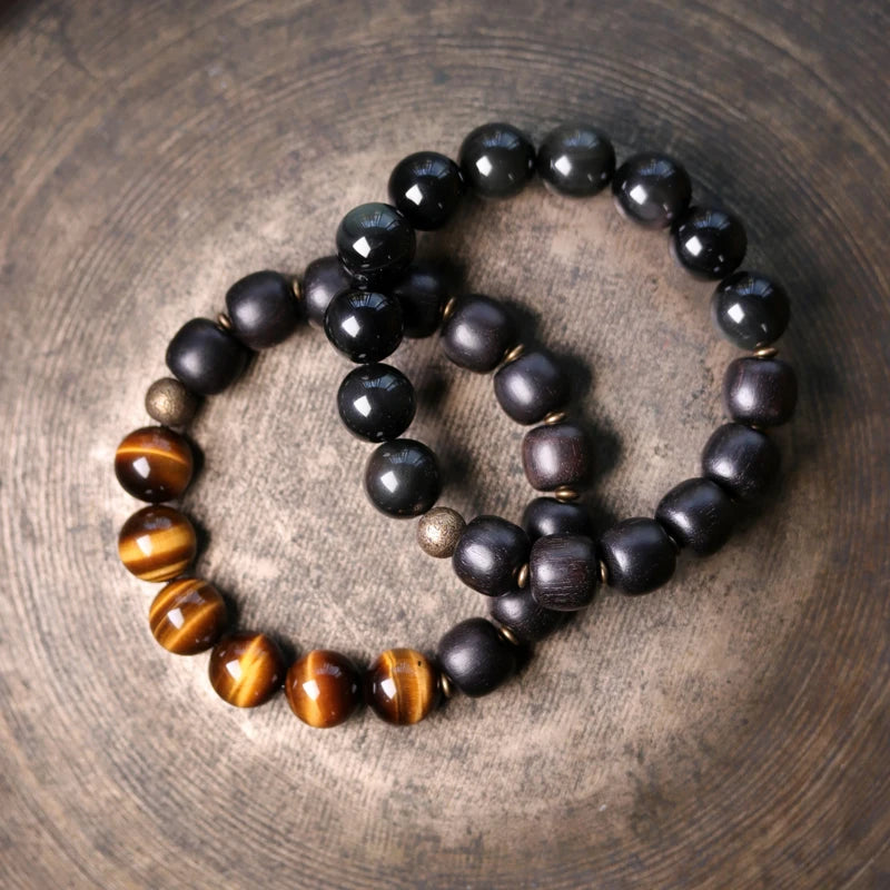 Bracelet Oeil de Tigre Doré ou Obsidienne Arc-en-Ciel – Perles de Bois et Métal Martelé