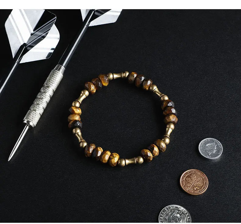 Bracelet Oeil de Tigre à Facettes ou Hornblende Noire – Breloque Bambou en Cuivre