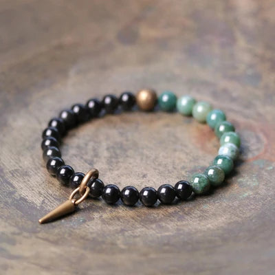 Bracelet Agate et Obsidienne Noire avec Vajra en Cuivre – 4 Pierres au Choix