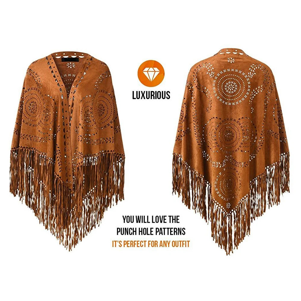 Poncho en Velours avec Franges - Élégance Bohème Chic