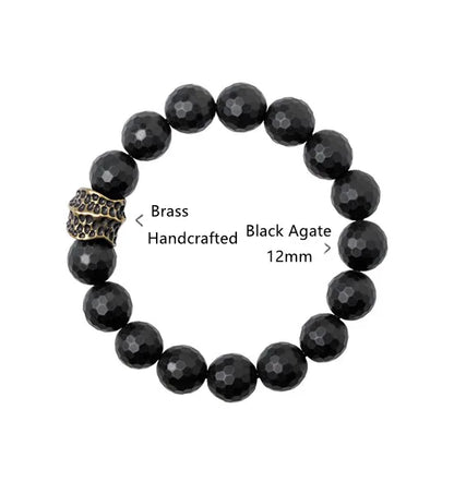 Bracelet Homme Agate Noire Mate 12 mm à Facettes et Laiton Vieilli – Grosses Perles