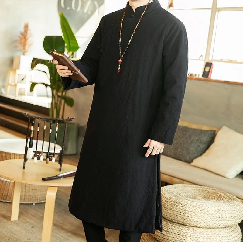 Manteau Long Style Chinois Bleu Homme - Hanfu Jacket Hiver Asymétrique