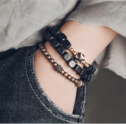 Lot de 2 Bracelets Ébène et Cuivre Martelé Oxydé – Parure Homme et Femme