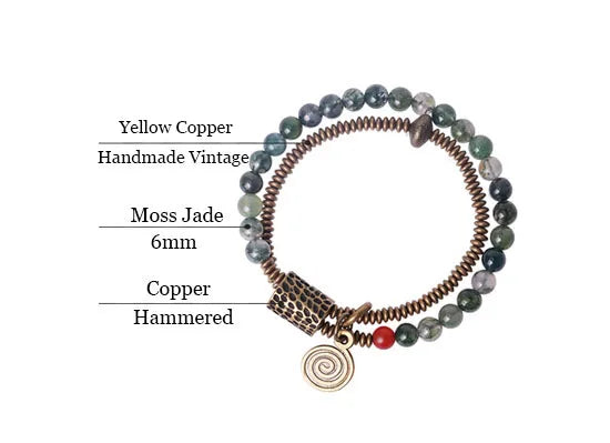 Bracelet Bohème Jade Mousse Double Rang et Breloque en Cuivre Martelé – Jusqu'au 22 cm