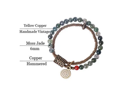 Bracelet Bohème Jade Mousse Double Rang et Breloque en Cuivre Martelé – Jusqu'au 22 cm