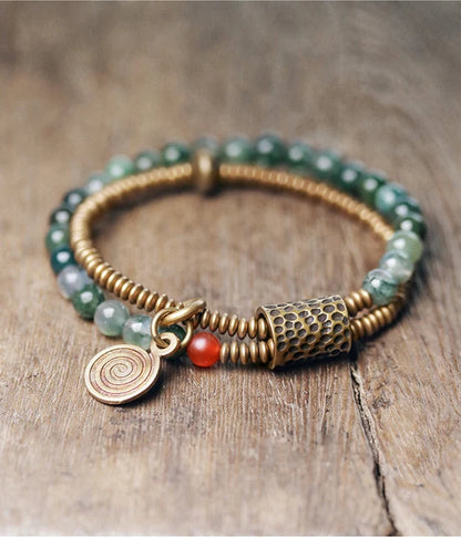 Bracelet Bohème Jade Mousse Double Rang et Breloque en Cuivre Martelé – Jusqu'au 22 cm