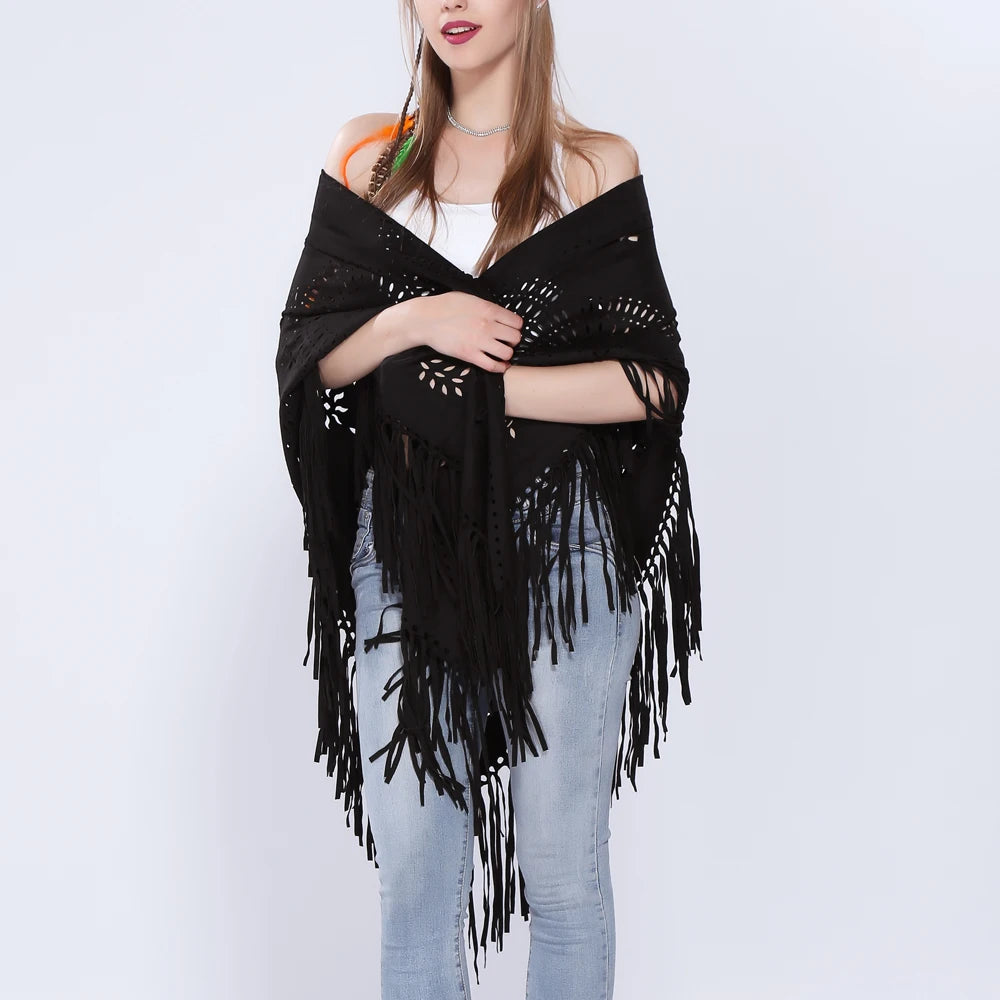 Poncho en Velours avec Franges - Élégance Bohème Chic