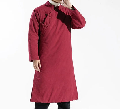 Manteau Long Style Chinois Bleu Homme - Hanfu Jacket Hiver Asymétrique