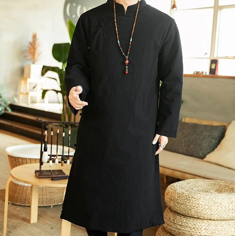 Manteau Long Style Chinois Bleu Homme - Hanfu Jacket Hiver Asymétrique