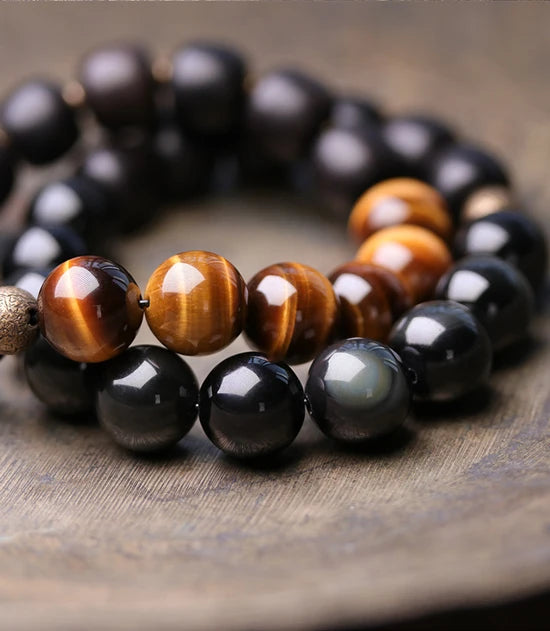 Bracelet Oeil de Tigre Doré ou Obsidienne Arc-en-Ciel – Perles de Bois et Métal Martelé