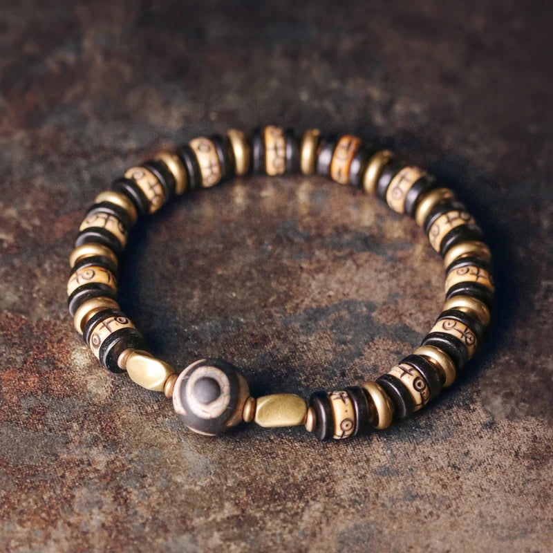 Bracelet Tibétain Os de Bœuf Sculpté et Ébène – Perle Œil Protecteur, Unisexe