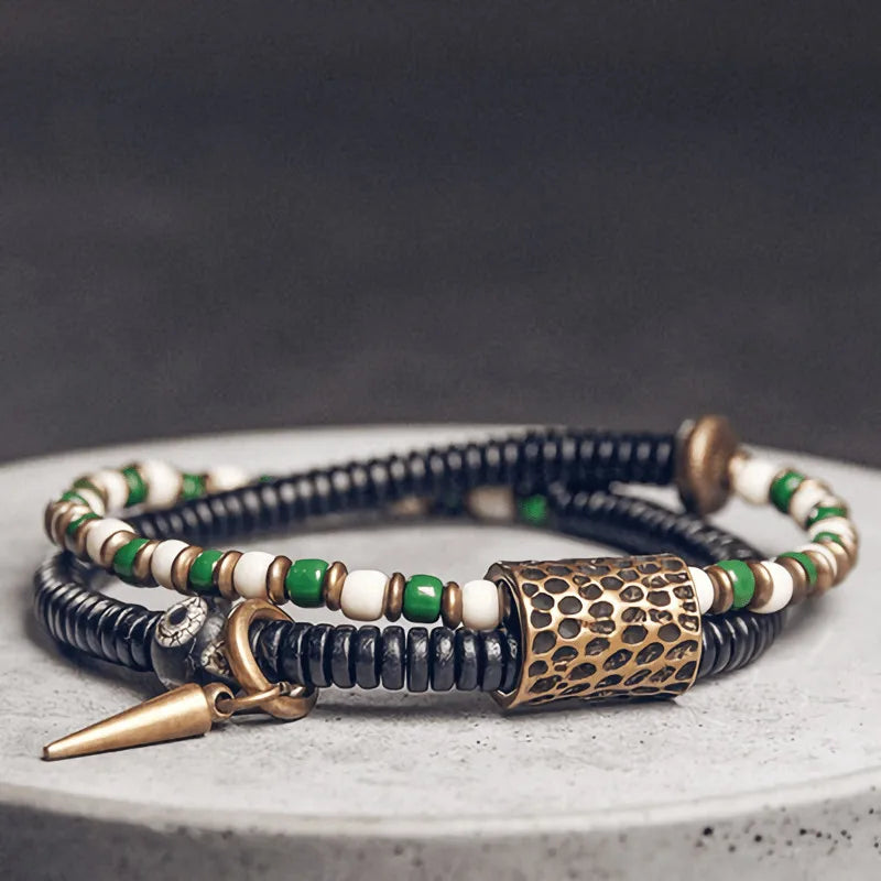 Bracelet Zen Double Rang Ébène et Pierres Colorées – Vajra en Laiton Martelé