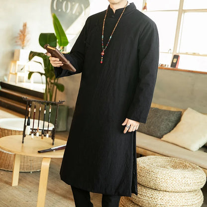 Manteau Long Style Chinois Bleu Homme - Hanfu Jacket Hiver Asymétrique
