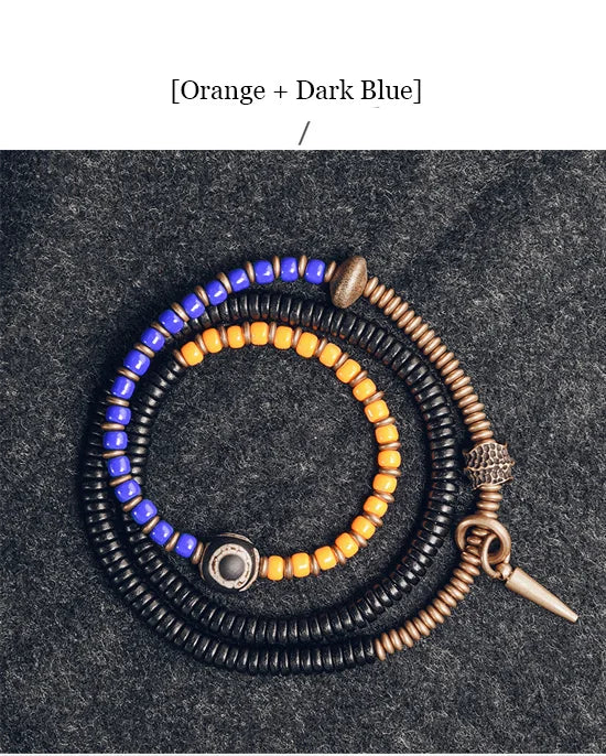 Bracelet Chakras Ébène et Verre Coloré – Vajra en Cuivre Martelé, Style Bohème