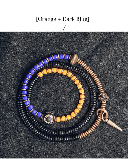 Bracelet Chakras Ébène et Verre Coloré – Vajra en Cuivre Martelé, Style Bohème