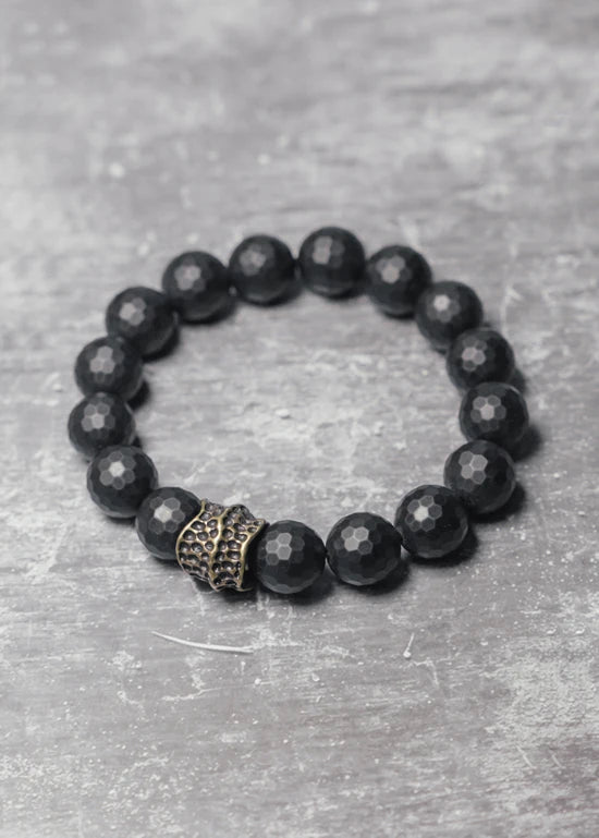Bracelet Homme Agate Noire Mate 12 mm à Facettes et Laiton Vieilli – Grosses Perles
